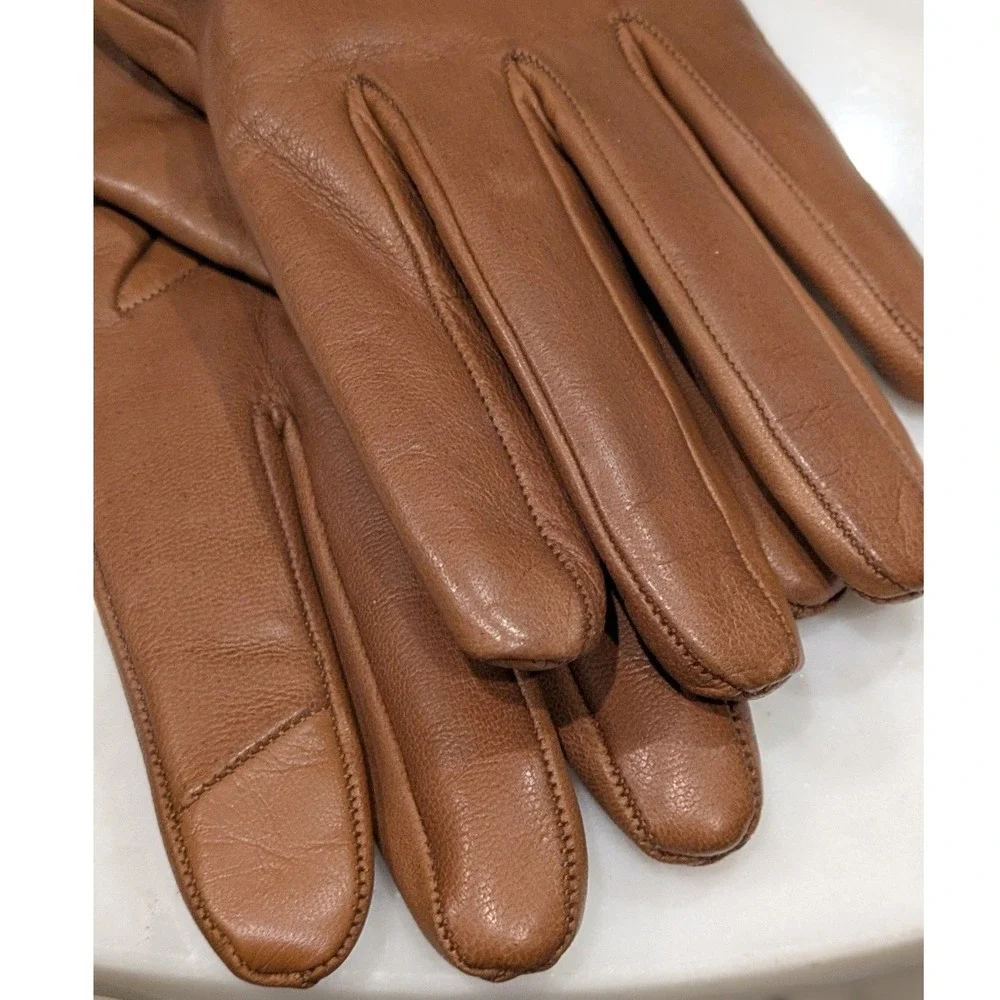 Tory Burch Miller Leather Gloves Women 7.5 T-Logo Brown Cashmere Lined 46591 NEW